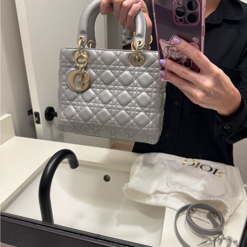 Dior LADY DIOR Medium Metallic Gray Quilted Bag - Authentic - Picture 13 of 14
